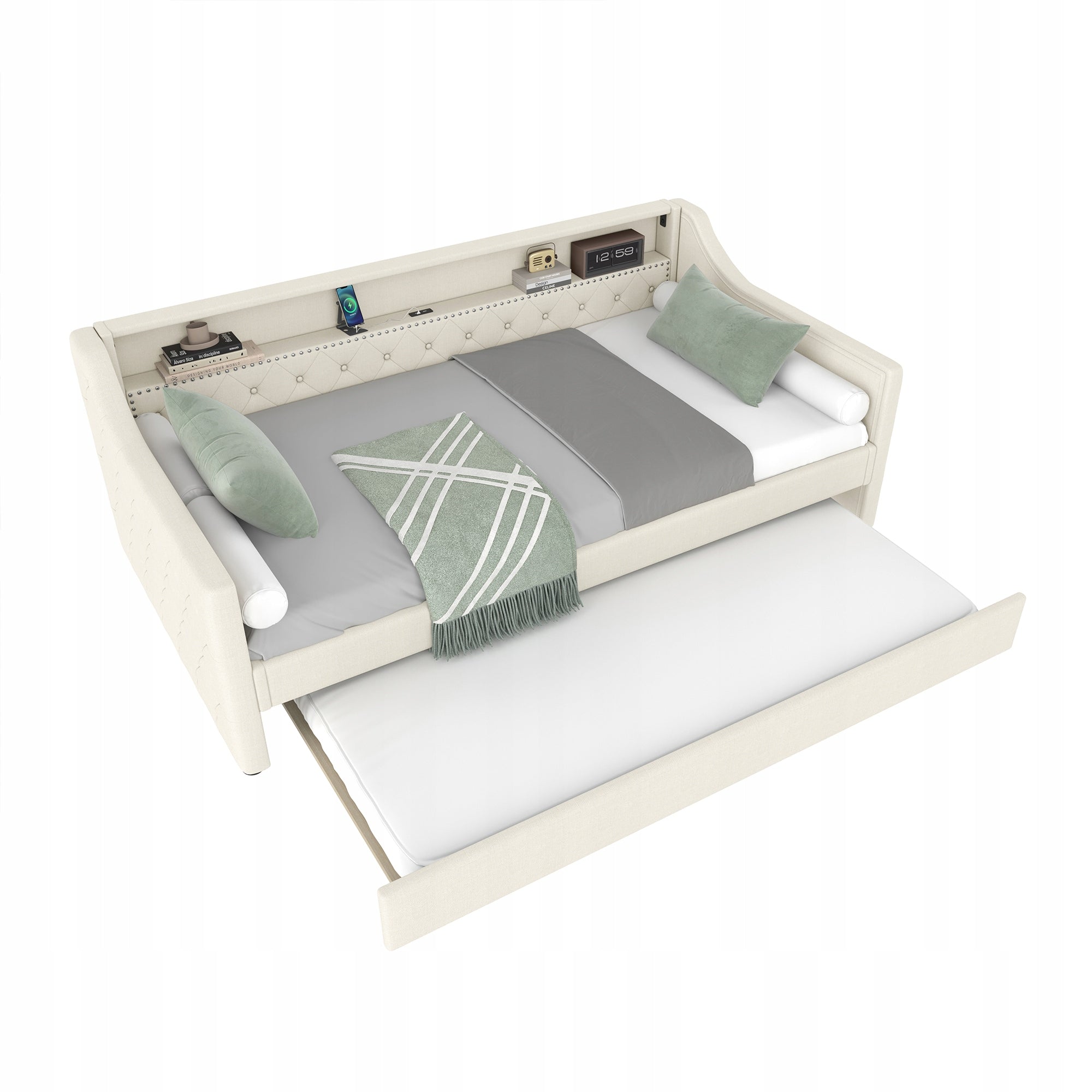 Letto a giorno 90x200 - Xylo - LED, USB, lino, beige