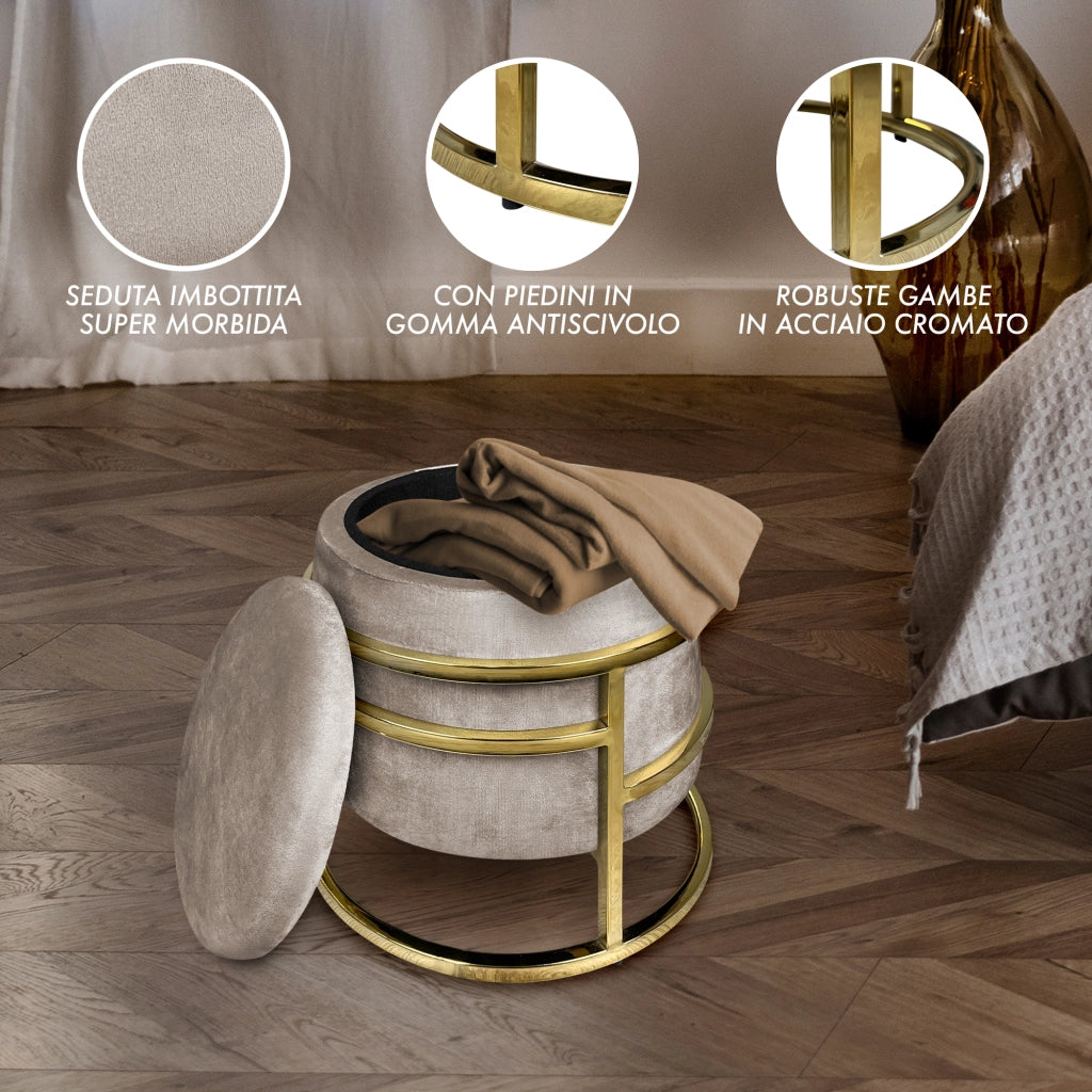 Pouf Contenitore Poggiapiedi Velluto Con Struttura Circolare Cromata Oro Elegante Imbottito Sgabello Per Toeletta Mobile Trucco Ottomano Ingresso Camera Da Letto Rotondo - Tortora