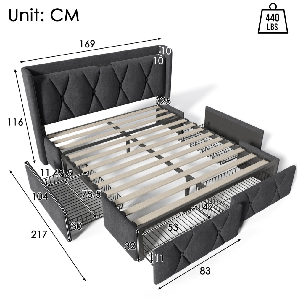 Letto contenitore 160x200 cm con USB; 4 cassetti; lino grigio