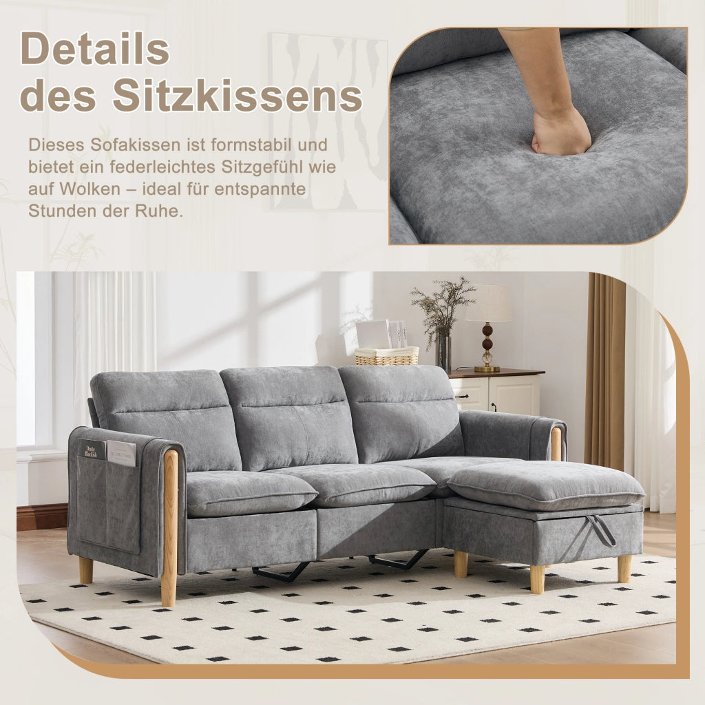 Divano ad angolo modulare con vano contenitore e tasche laterali in chenille grigio chiaro compatto 201 × 77 × 86 cm