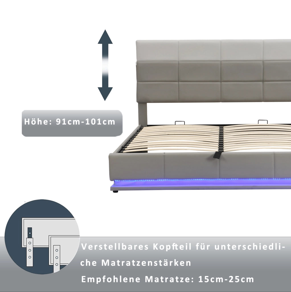 Letto matrimoniale 180x200 cm in pelle PU color cemento; con LED; contenitore e rete a doghe