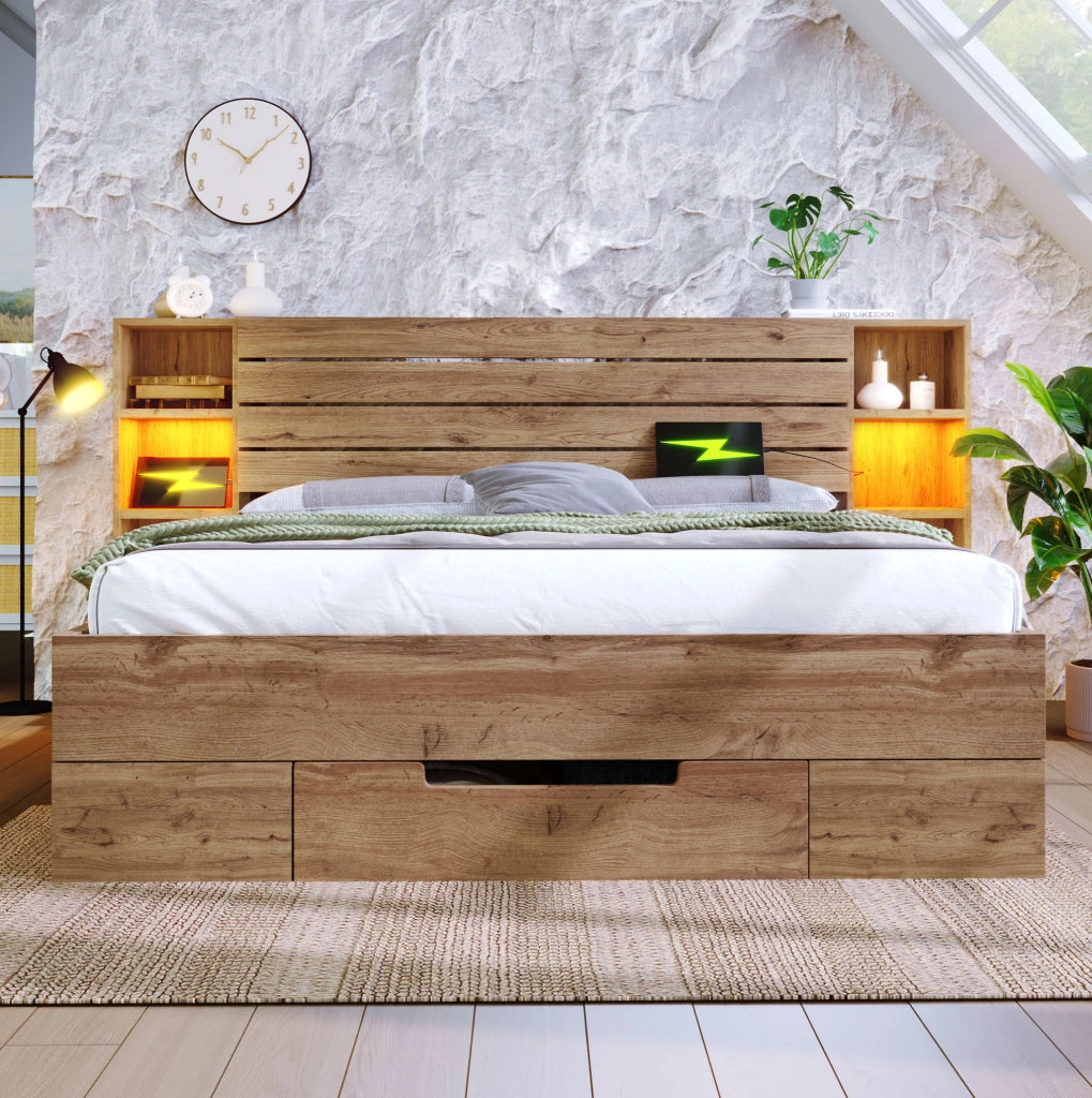 Letto 180x200 cm con LED, USB-C, testiera contenitore e 2 cassetti, rovere