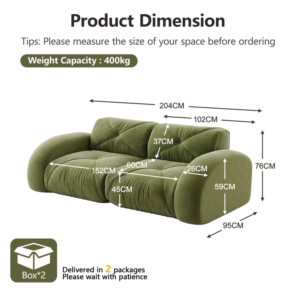 Divano modulare 2 posti senza struttura con schiuma 32D design antiscivolo in ciniglia verde 204 × 95 × 76 cm