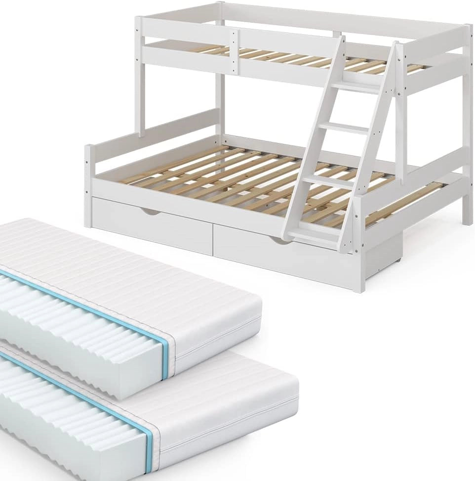 Letto a castello Everest, Legno naturale, 120x200 / 80x200 cm con 2 materassi e 2 cassetti, con scala integrata e sistema di doghe stabile