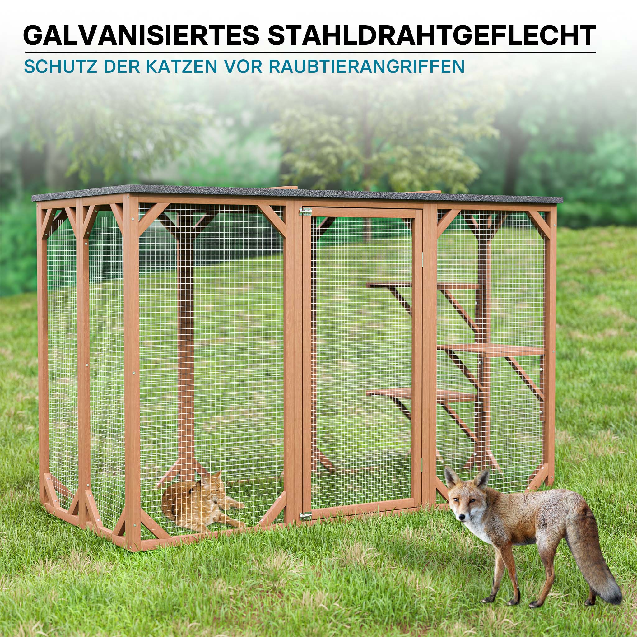 Recinto per gatti da esterno Cat run resistente alle intemperie 180x80x111,8 cm, 3 zone di riposo