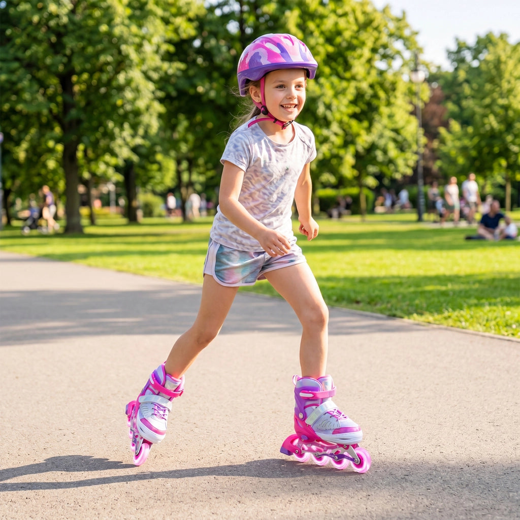 Pattini in linea per bambini con ruote luminose, Pattino a rotella per principiante misura regolabile professionale sport Rosa M