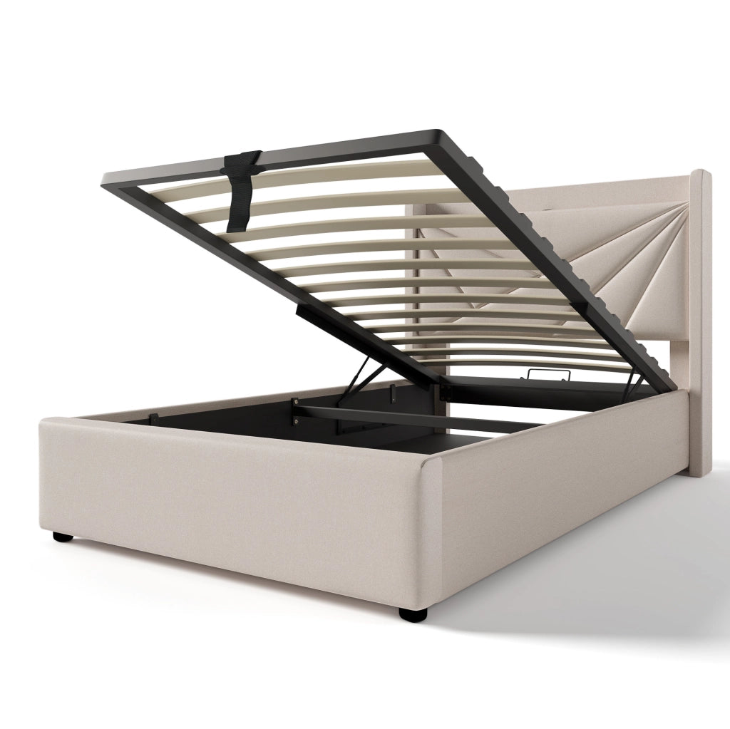 Letto singolo con contenitore 90x200 cm in cotone lino beige; testiera con USB e Tipo C
