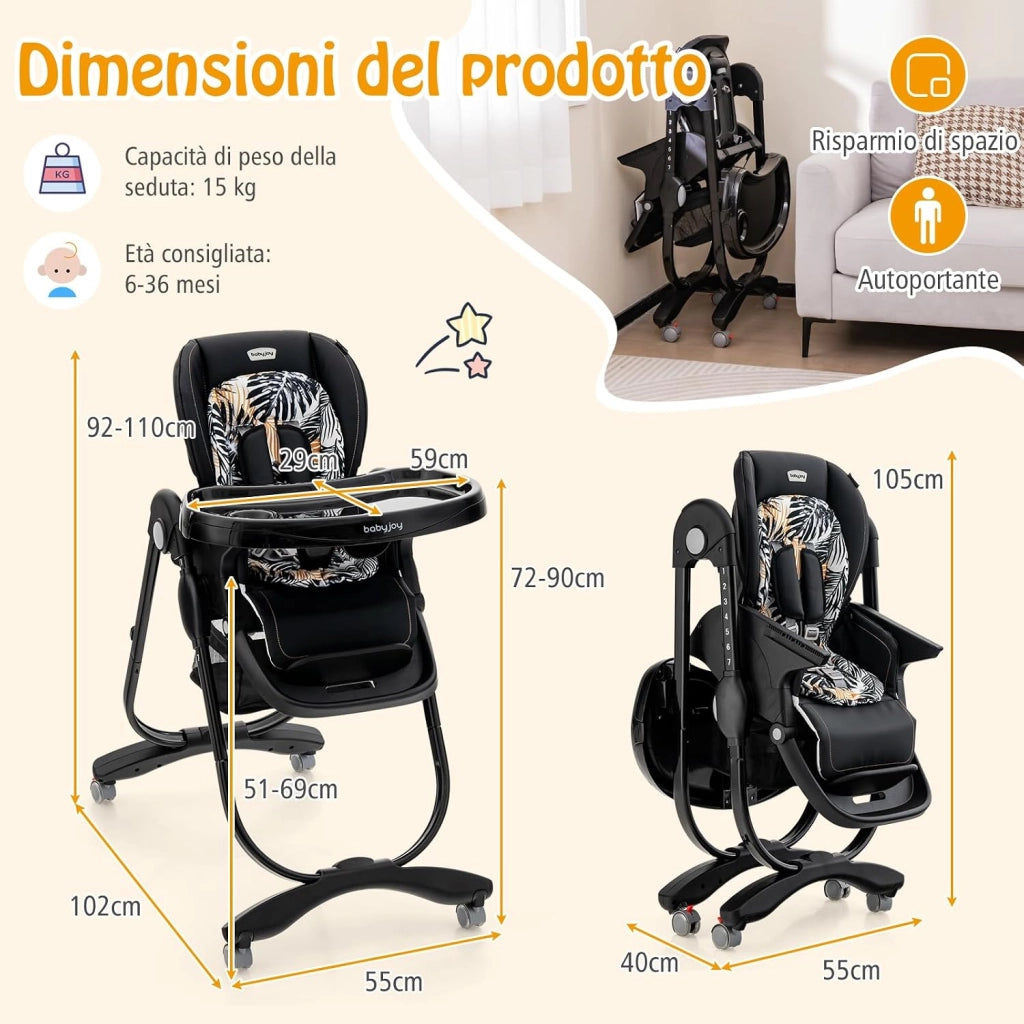 Seggiolone Pappa Bambini Pieghevole, Altezza Regolabile (Nero) | Seggiolone Multifunzione con 4 Ruote, Poggiapiedi e Schienale, Vassoio Rimovibile, per 6-36 Mesi, Fino a 15 kg