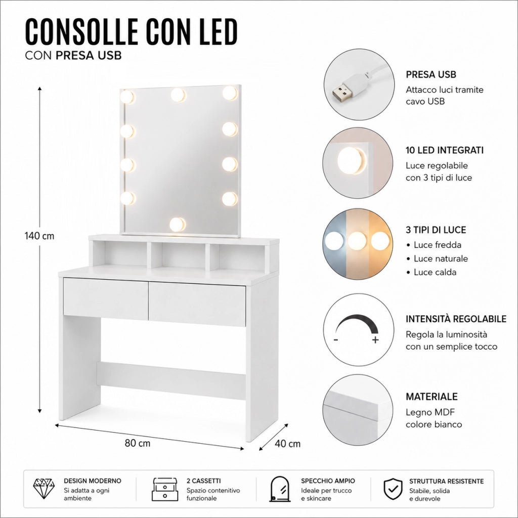 Consolle Trucco con Specchio Led 80x40 cm 2 Cassetti Luce Regolabile usb Bianca