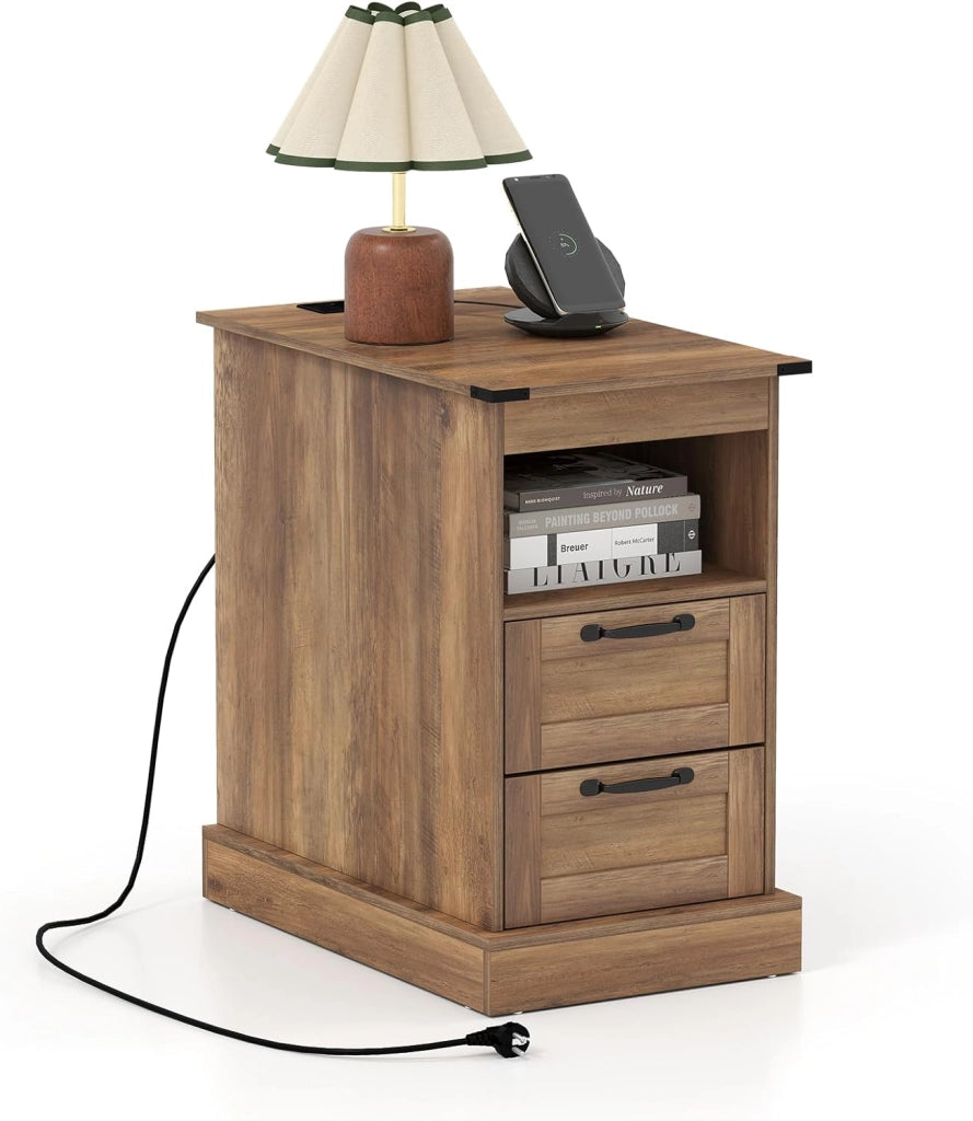 Tavolino con Cassetti e Stazione di Ricarica, Comodino con Mensola Aperta, 2 Cassetti, 2 Prese AC, Porta USB e Porta Type-C, Tavolino da Divano e Letto per Salotto e Camera da Letto (Nero)