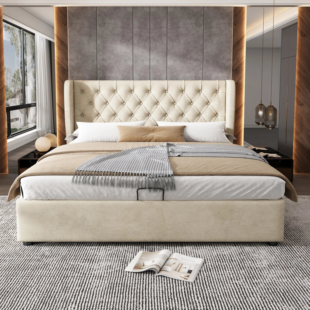 Letto matrimoniale imbottito 140x200 cm in velluto grigio; stile Chesterfield con contenitore e rete