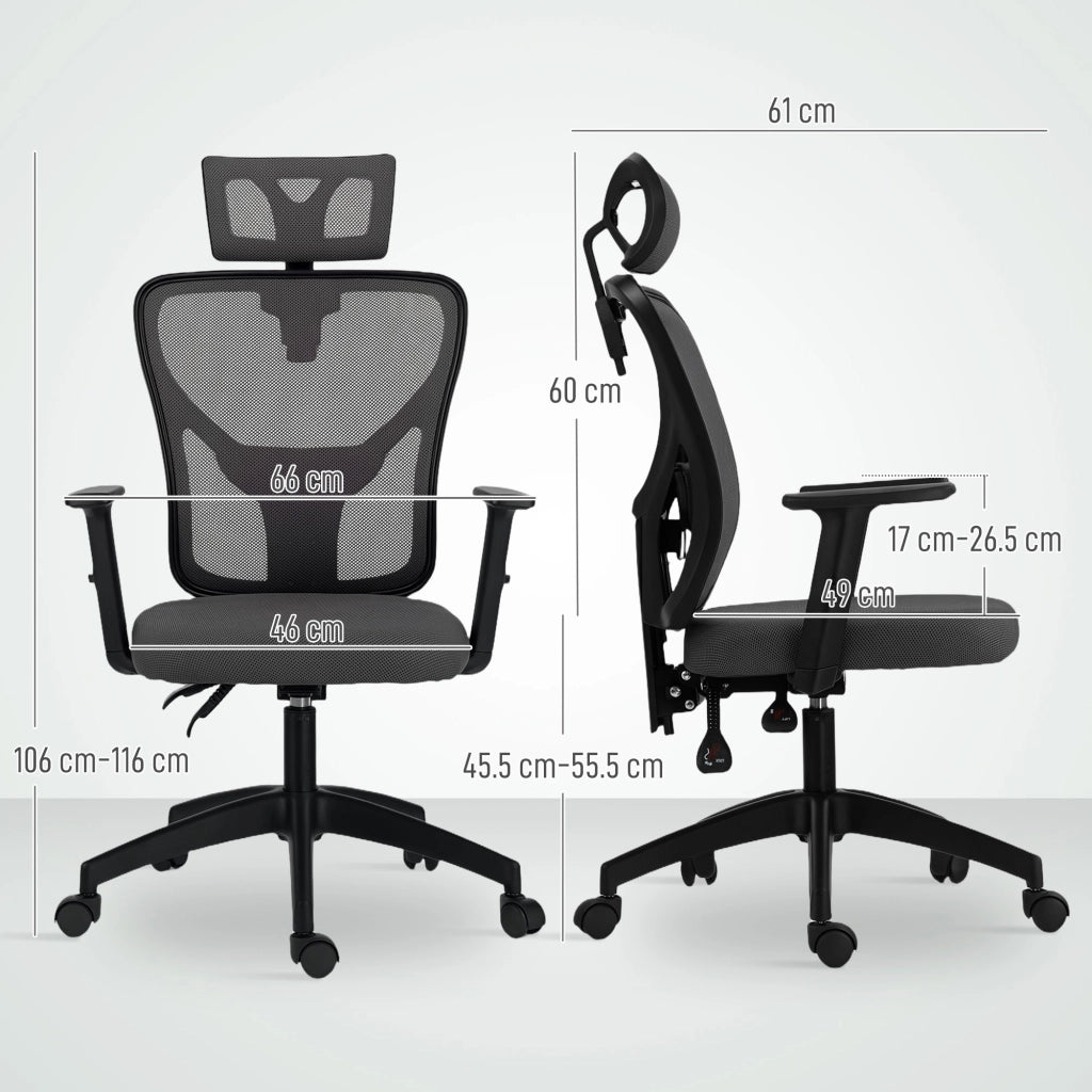 Sedia da Ufficio Ergonomica e Regolabile 66x61x106-116 cm con Supporto Lombare e Poggiatesta in Tessuro a Rete Grigio