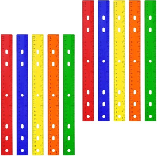 Righe di plastica 10 pezzi 30cm con fori - Centimetri Pollici - Disegni di disposizione per ufficio scuola (5 colori)