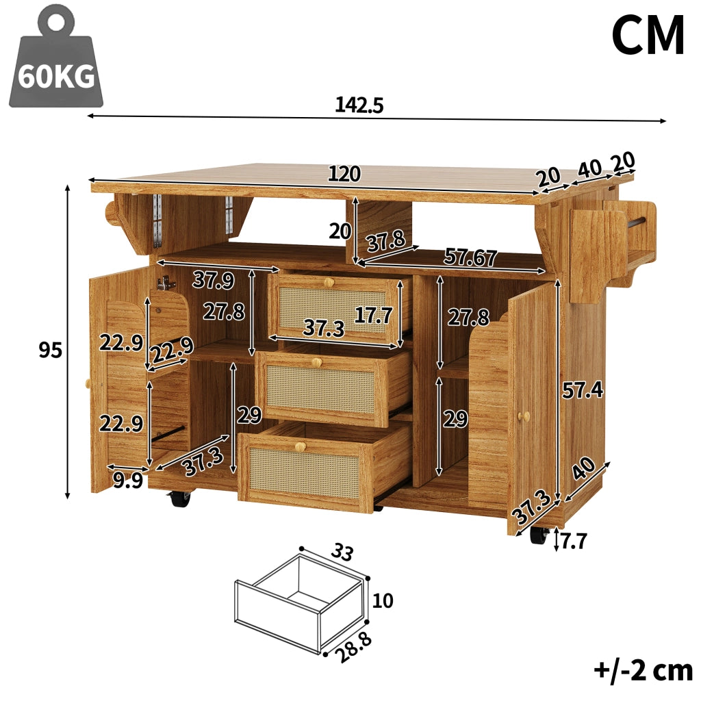 Carrello da cucina con 2 prolunghe ribaltabili; vani nascosti; cassetti in rattan PE; per cucina e balcone; 142.5 × 80 × 95 cm