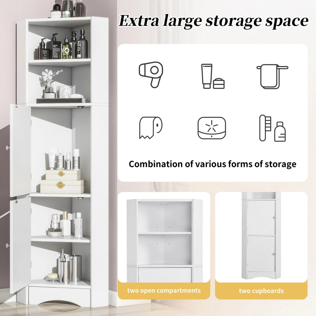 Mobile angolare per bagno con 2 ripiani regolabili, 36,5 x 36,5 x 155 cm, bianco