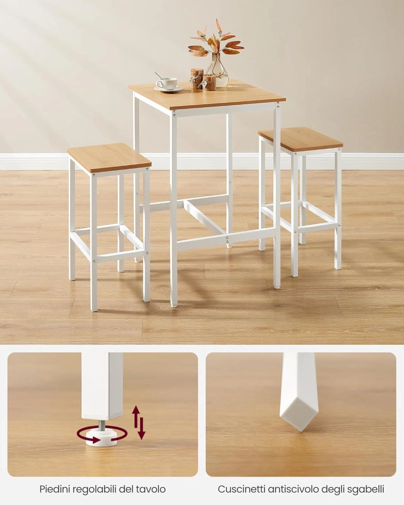 VASAGLE Tavolo da Bar con Sgabelli, Tavolo Cucina 60 x 60 x 90 cm, Sgabello di 30 x 40 x 65 cm, Sala da Pranzo, Rovere Dorato e Bianco Nuvola LBT017W09