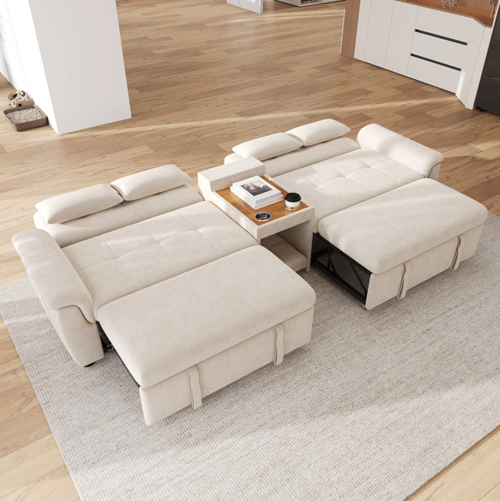Divano letto multifunzionale beige con modulo centrale e schienale regolabile