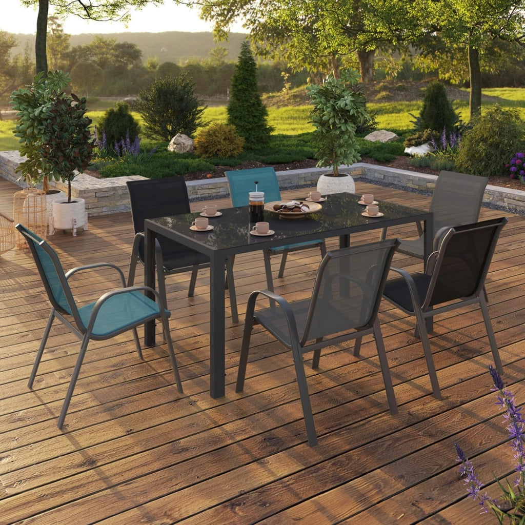 Set di mobili da Giardino Madrid Tavolo 150 CM e 6 sedie impilabili Colore Misto Grigio, Nero e Blu
