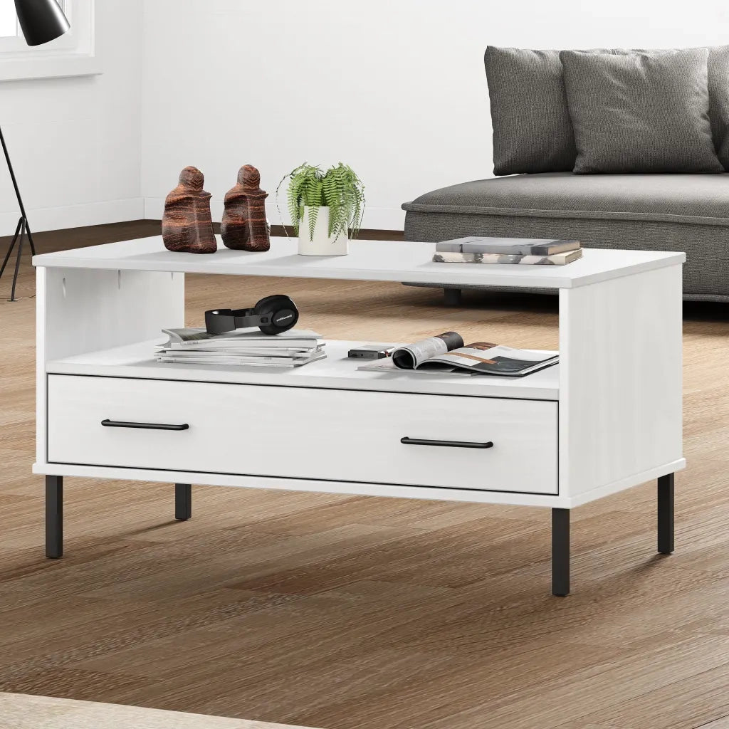Tavolino da salotto | Tavolino da caff¨¨ | Tavolino da Soggiorno Gambe Metallo Bianco 85x50x45 cm Legno Massello OSLO