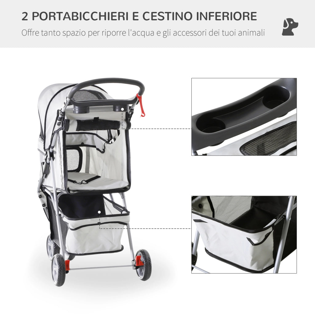 EasyComfort Passeggino per Cani Pieghevole con Portabicchieri e Cestino, in Acciaio e Poliestere, 75x45x97 cm, Grigio