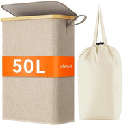 50L Wasmachine Portatile con Coperchio, Wasmachine con Tasca per Lavaggio, Wasmachine in Bambù con Maniglia Portatile per Appartamento, Studente e Caravane, Beige