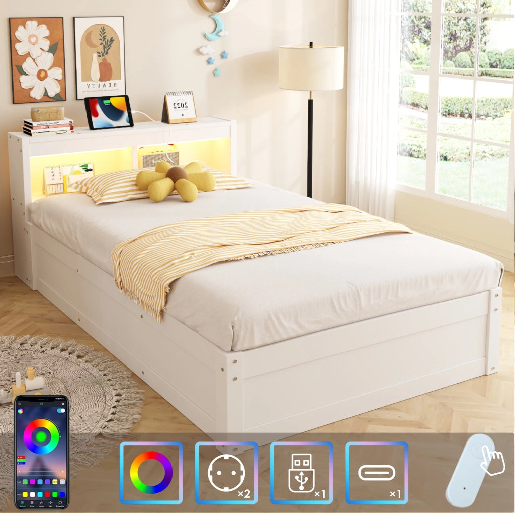 Letto multifunzione 90x200 cm con LED, presa e vano contenitore