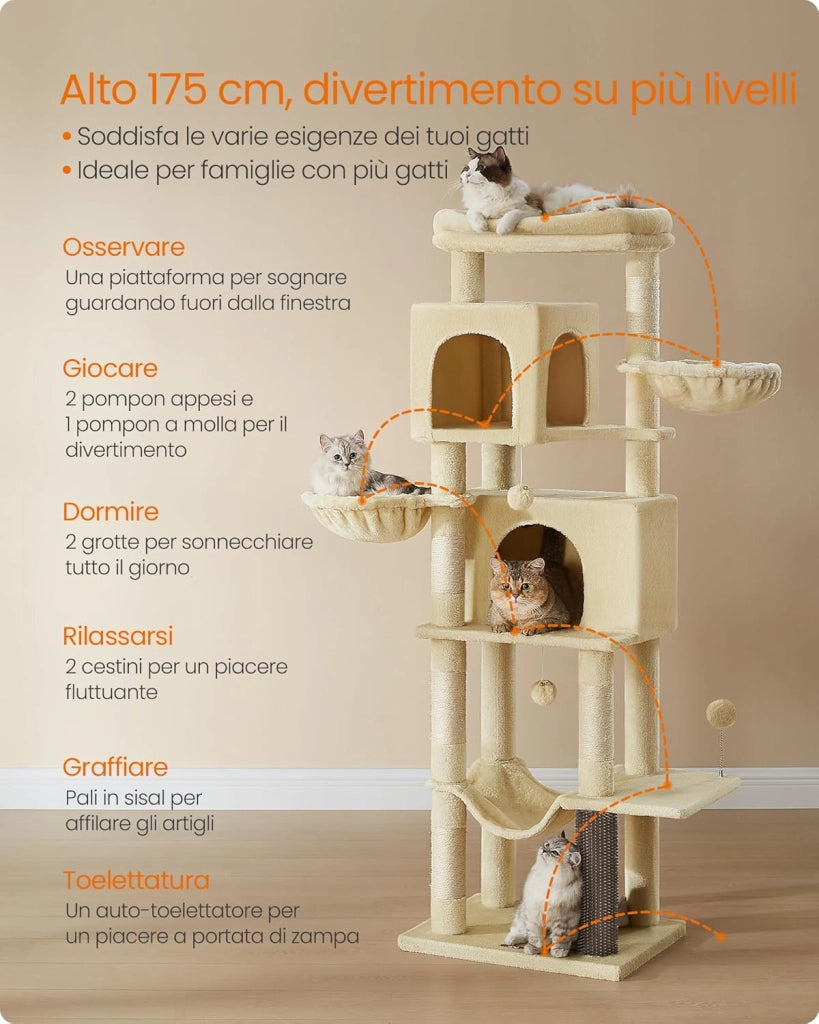 Feandrea Albero per Gatti Grande, Torre Tiragraffi Alto 175 cm, Multilivelli con 2 Grotte, 2 Cestini, 5 Graffiatoi, Autospazzola, Trespolo, Amaca, Beige Sabbia PCT182Y01