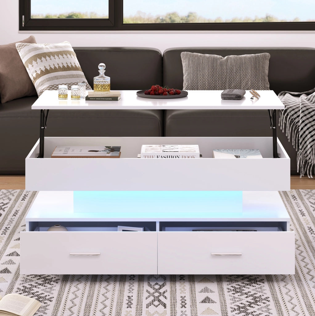 Tavolino da caffè sollevabile 100x50x44 cm bianco con LED; 2 cassetti e vano a vista