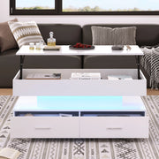 Tavolino da caffè sollevabile 100x50x44 cm bianco con LED; 2 cassetti e vano a vista