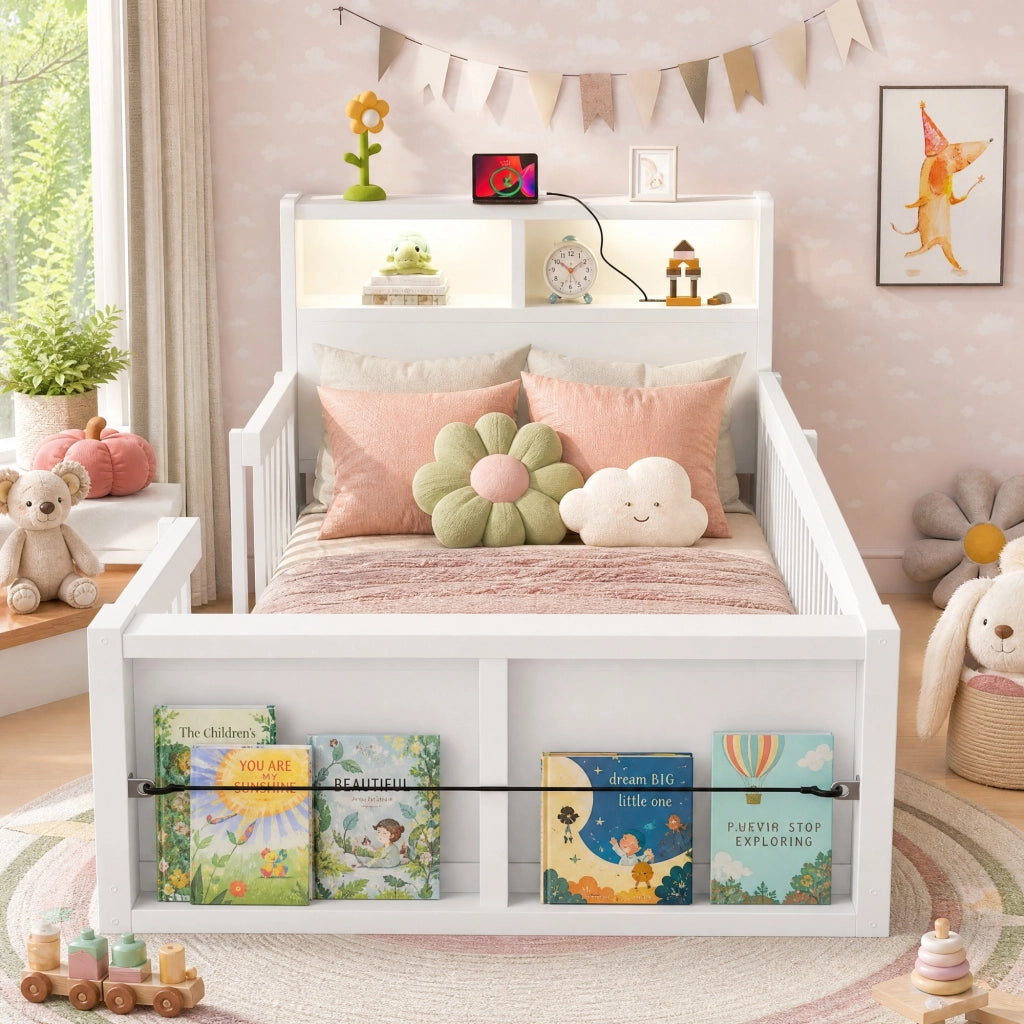 Letto per bambini 90x190 cm con sponde alte, USB e luce notturna bianco