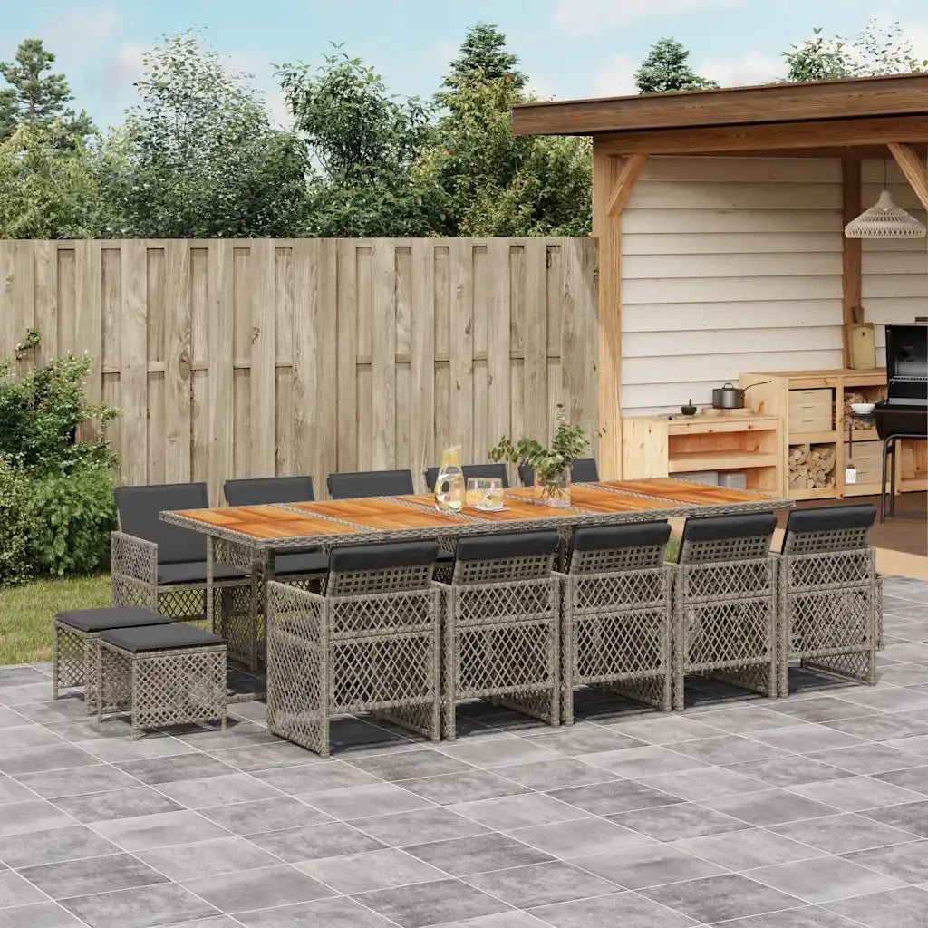 Set da Pranzo da Giardino 15 pz con Cuscini Grigio Polyrattan