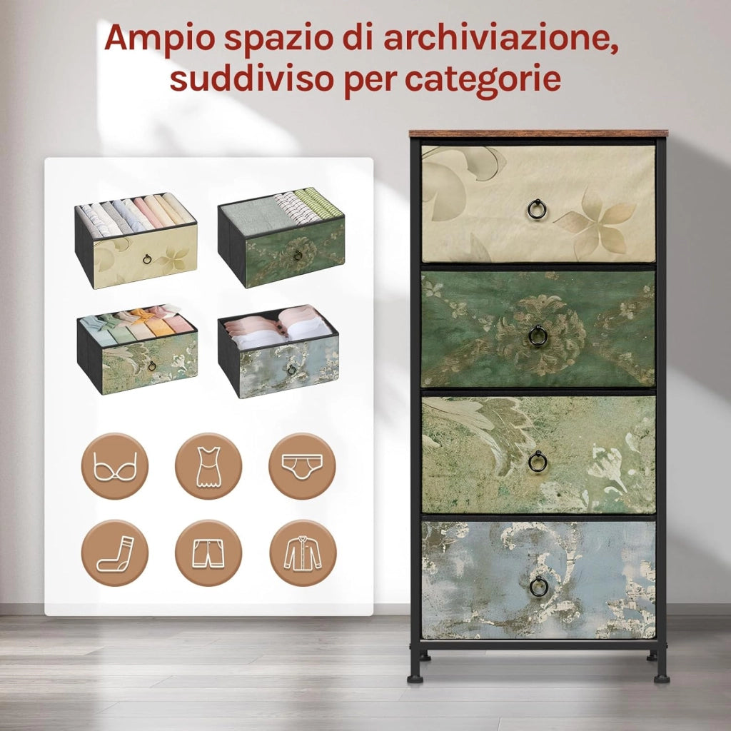 Cassettiera, 4 Cassetti per Camera da Letto/Corridoio/Soggiorno, Marrone Rustico e Nero con Motivo Fiore Retrò, Struttura in Metallo, 45x30x95cm, SSK011pw