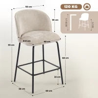 Set di 2 sgabelli da bar con schienale e poggiapiedi, gambe in acciaio, Beige