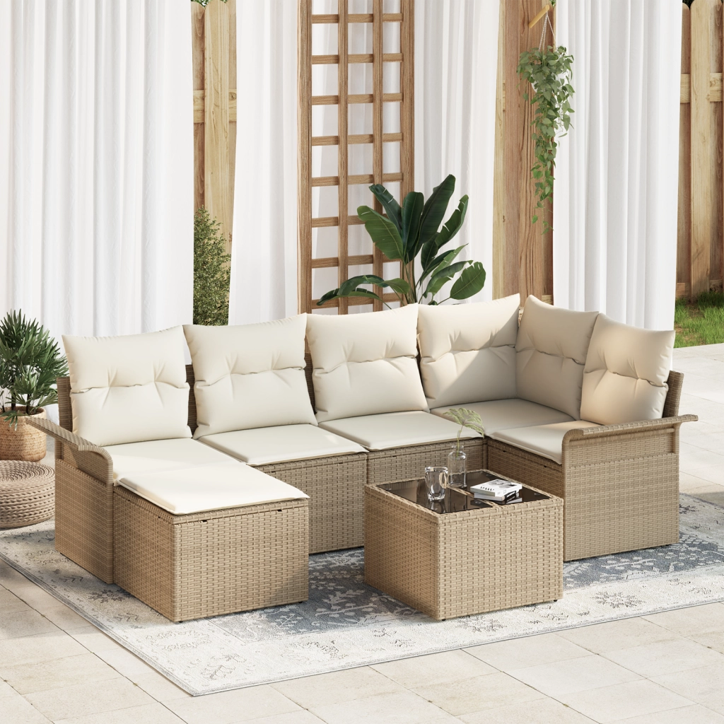 Set divano da giardino 7 pezzi con cuscini in polirattan marrone
