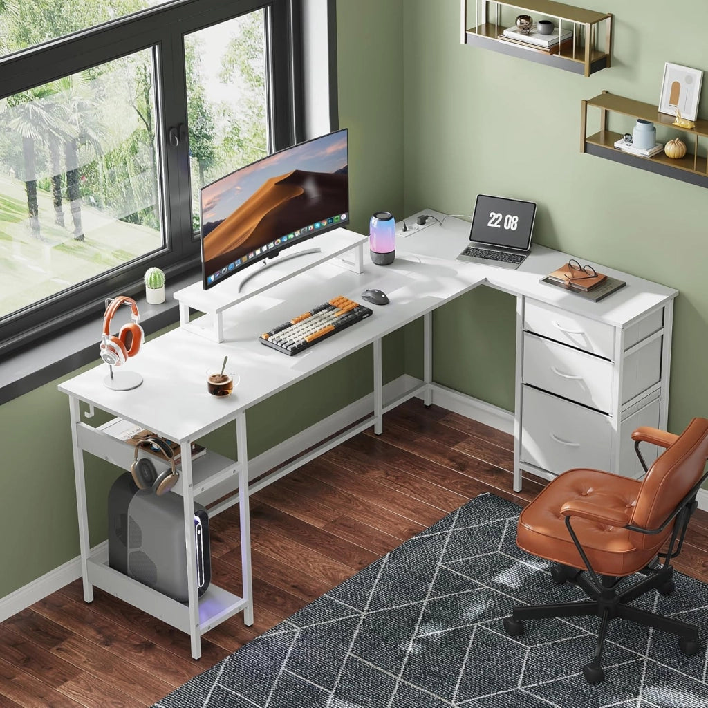 Scrivania angolare L ¨C zephmum ¨C 168x103 cm, bianco, con cassetti, presa e USB