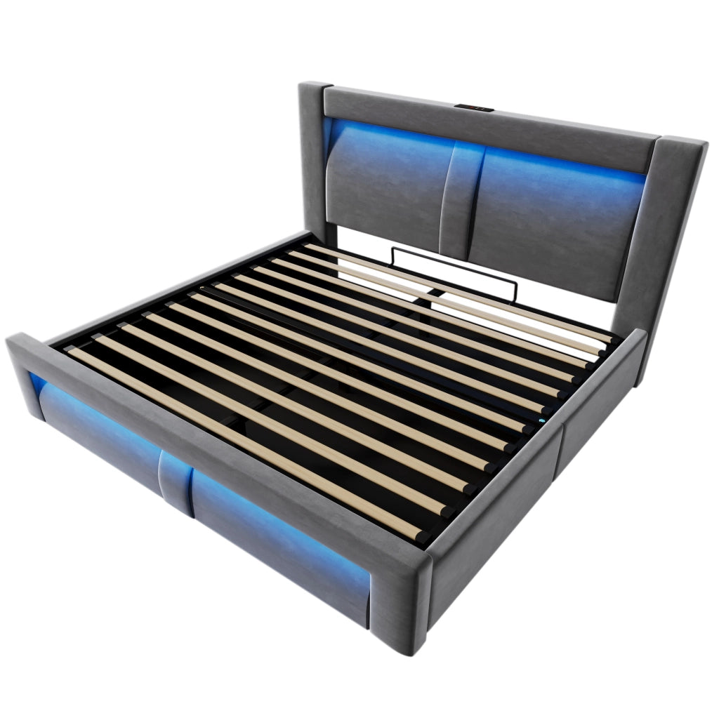 Letto matrimoniale 160x200 cm con contenitore; LED; ricarica USB e Type-C; velluto grigio