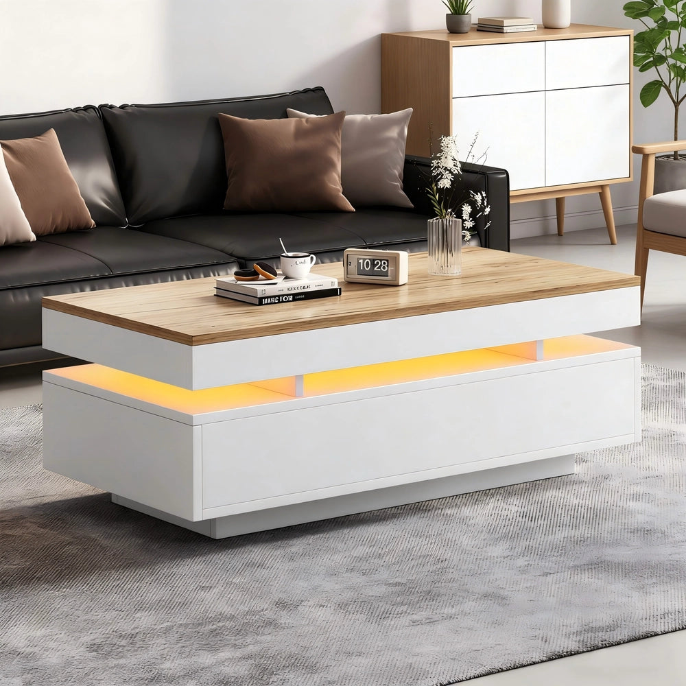 Tavolino da Caff¨¨ con 2 Cassetti e LED ¨C MINIMAL ¨C Bianco/Legno, 100x50x35