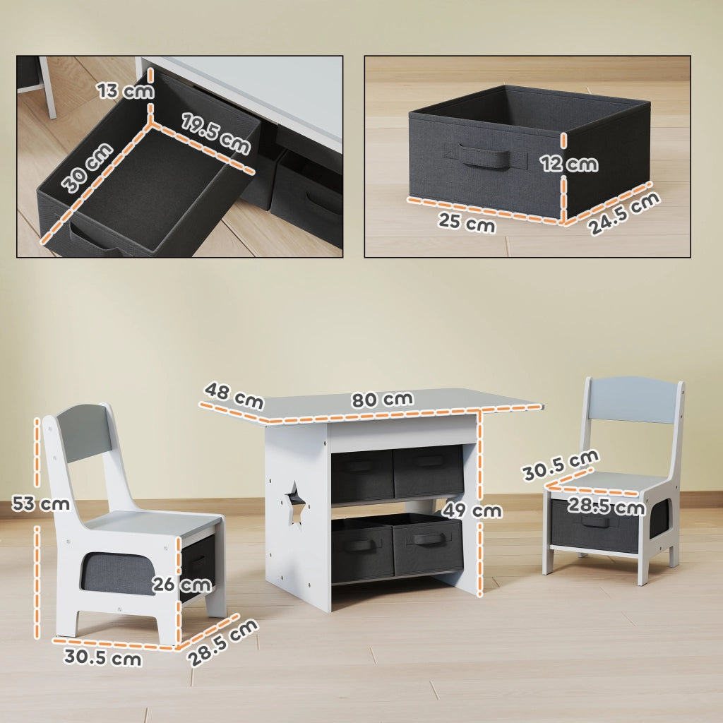 Set Tavolo e Sedie per Bambini 3-8 Anni con 6 Cassetti e Bordi Arrotondati. in Legno e Tessuto. Grigio e Bianco
