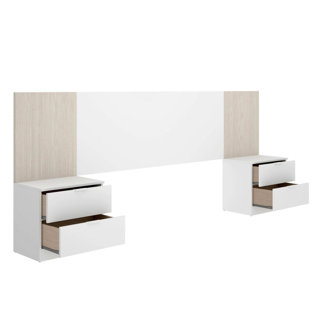 Testiera letto Dujuan, Spalliera, Testata per camera da letto, Poggiatesta, 259x34 h106 cm, Bianco e Rovere