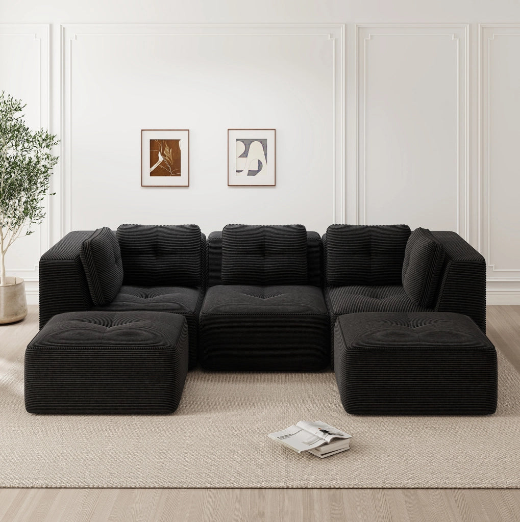 Divano angolare modulare 297x177x69 cm in velluto a coste nero; senza montaggio
