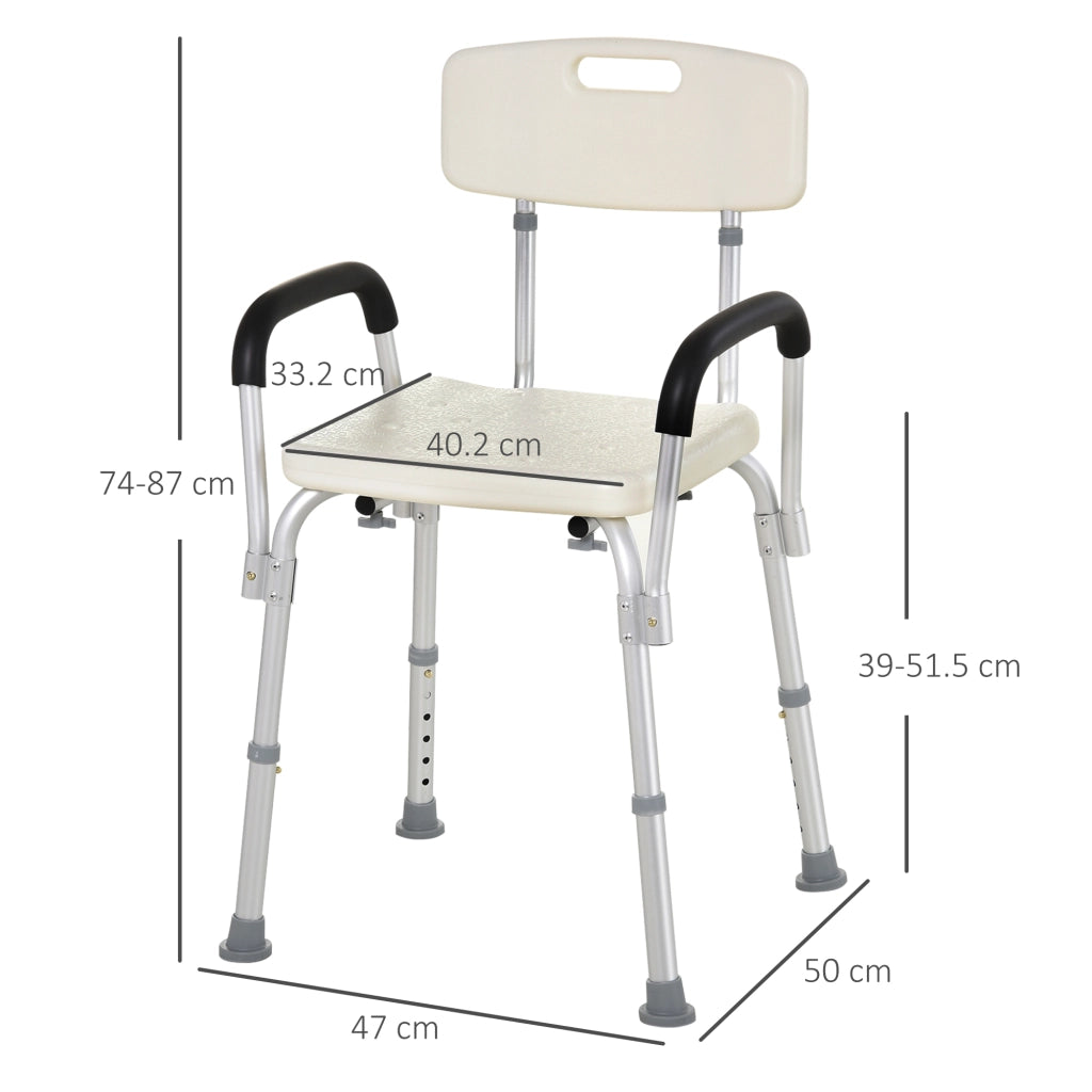 Sedia da Doccia in HDPE a 6 Altezze Regolabili con Schienale e Braccioli, 47x50x74-87 cm, Bianco e Argento