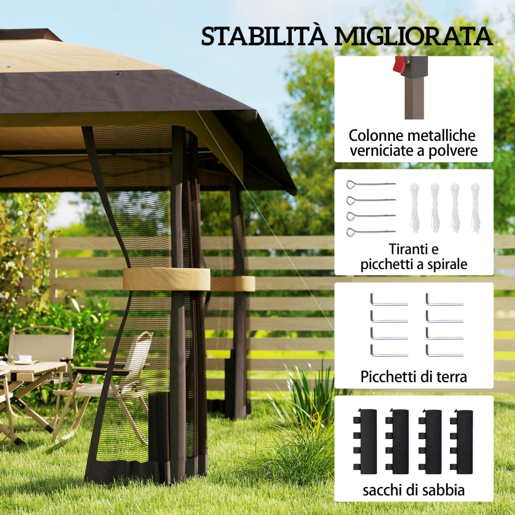 Gazebo Pieghevole 4x4 m con 4 Zanzariere Laterali, Doppio Tetto e Sacchi di Sabbia, Cachi e Marrone