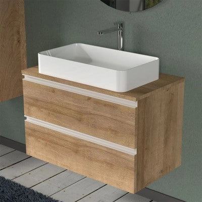 Mobile bagno sospeso 80 cm rovere miele con top e specchio tondo Master
