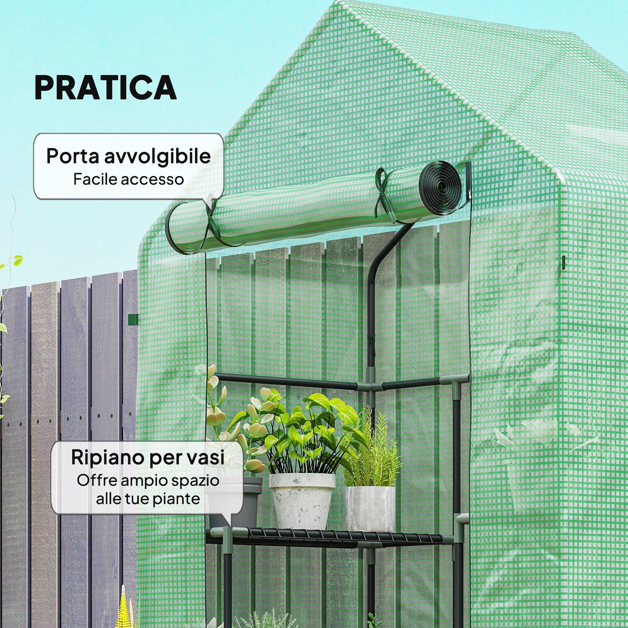 Serra da Giardino 142x73x195 cm con 2 Mensole a 3 Livelli e Ingresso a Zip in Acciaio e PE Verde