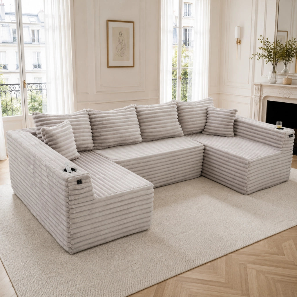 Divano modulare a U con portabicchieri e tasche laterali in cord grigio chiaro