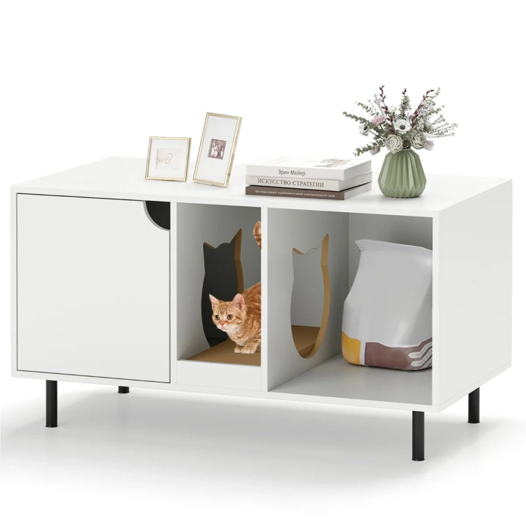 Mobiletto per lettiera di design 100 x 52 x 55 cm con scomparto nascosto antiodore tiragraffi rimovibile in legno ingegnerizzato bianco 20_0012774