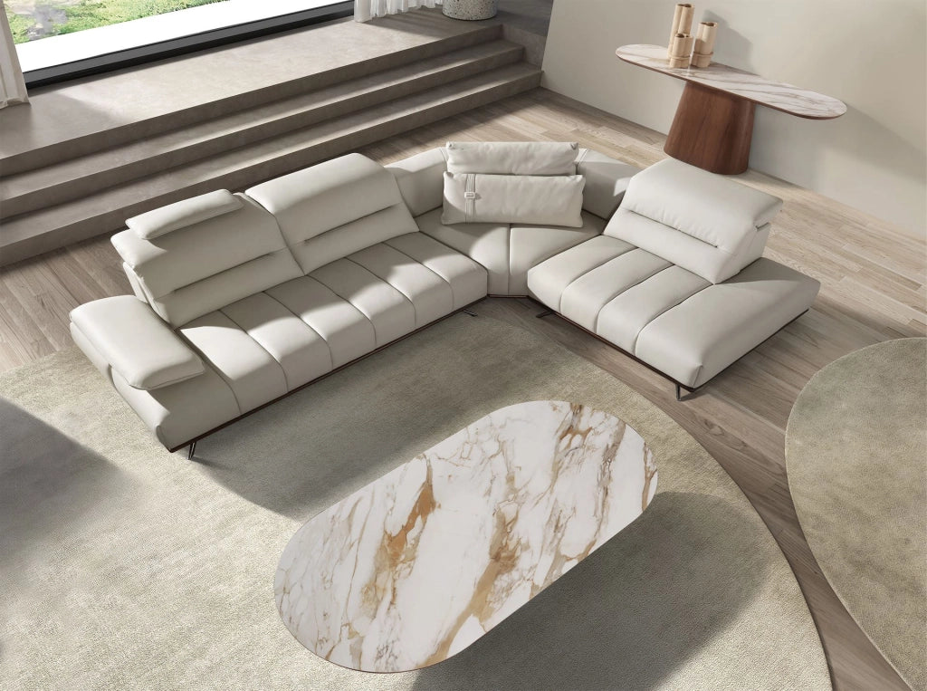 Consolle ovale semicircolare in marmo porcellanato e noce