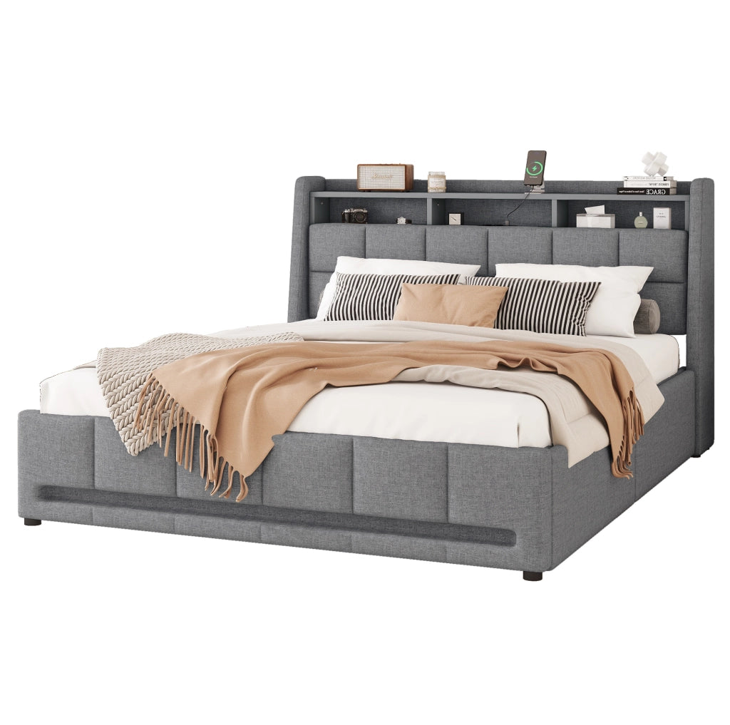 Letto imbottito 140×200 cm grigio in lino con LED, USB, cassetti e vano contenitore