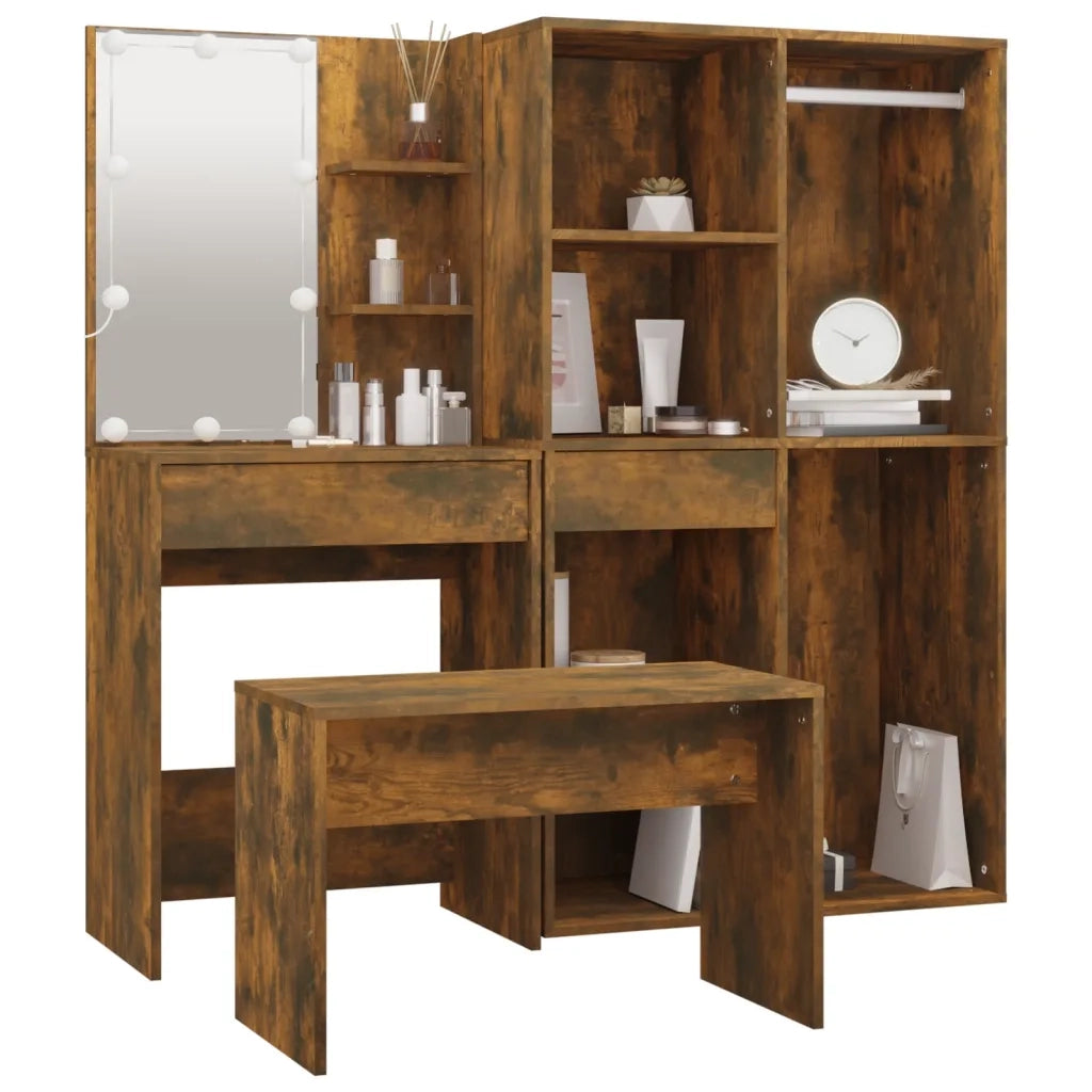 Set Tavolo da Toeletta con LED Rovere Fumo in Legno Multistrato