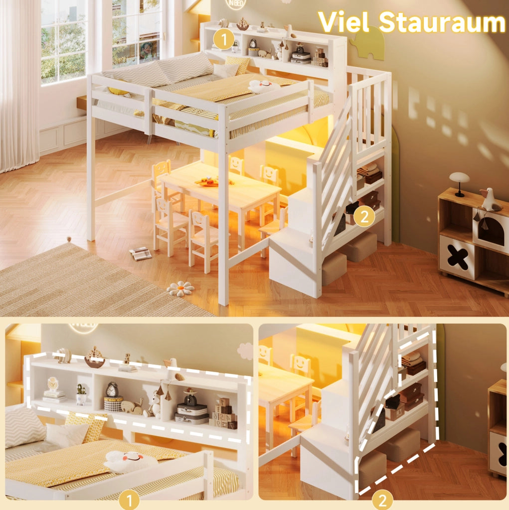 Letto a soppalco 140x200 cm bianco con LED e scala contenitore